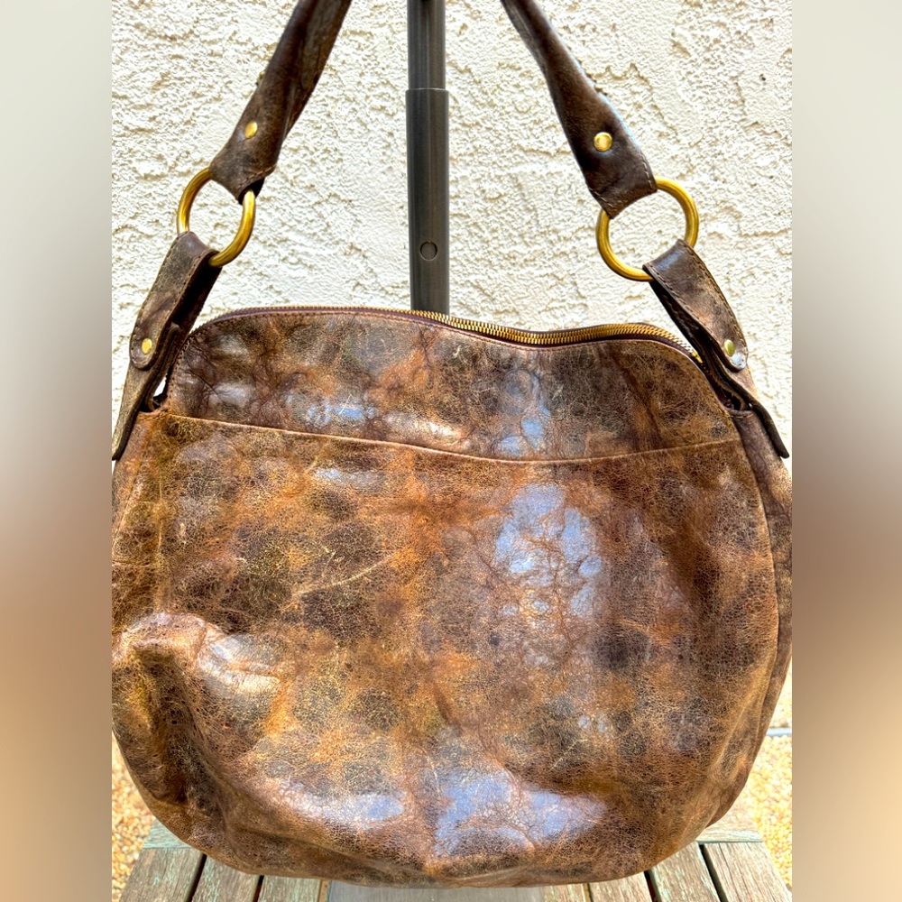 Calleen Cordero Brown Crackle Leather Shoulder Bag.
